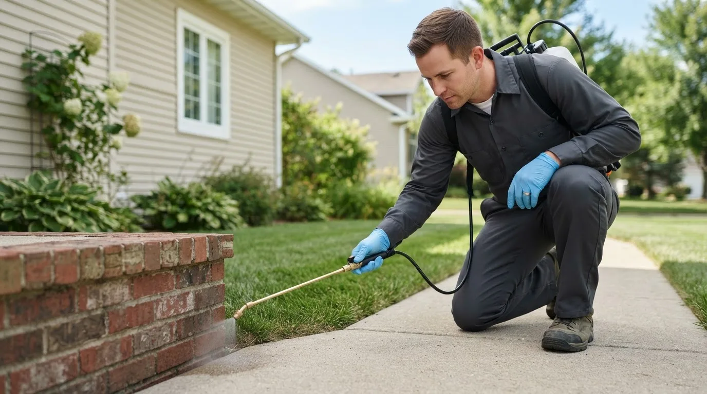 Pest control technician treating a home near Lewisville, MN